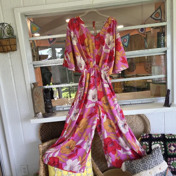 Easel Small Pink Jumpsuit Vibrant Tropical Wide Leg Palazzo Style Vacation - Picture 2 of 11